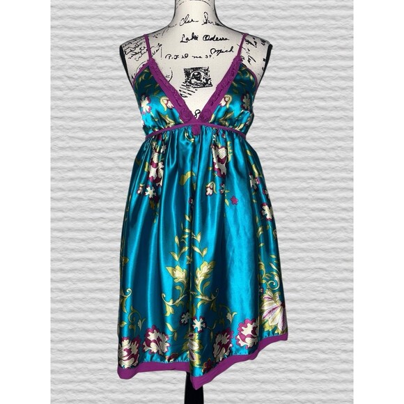Vtg Y2K Wet Sea Satin Babydoll Mini Slip Dress MED Teal Purple Floral Smocked - Picture 1 of 11